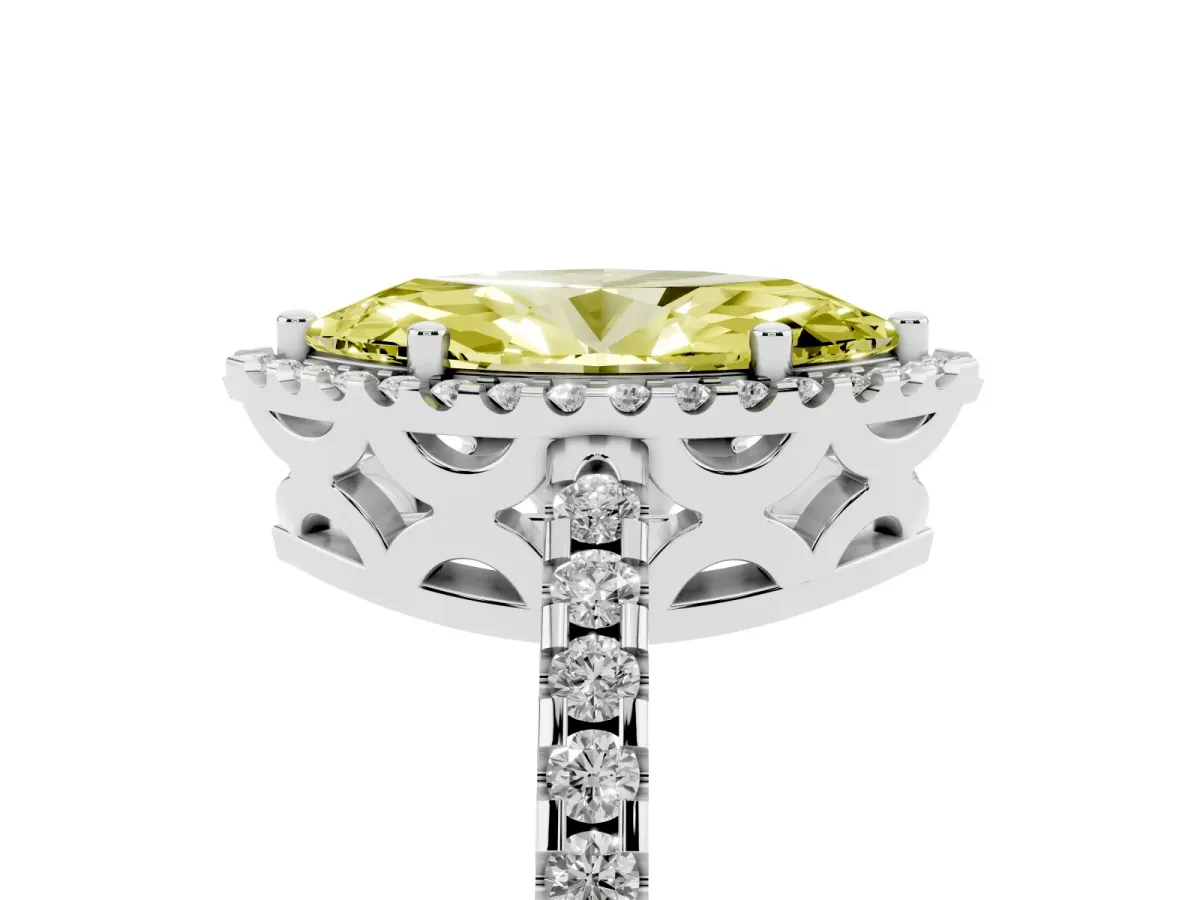 Fancy Yellow Marquise Cut Diamond Halo Engagement Ring with Pavé Band and Prong Setting White gold