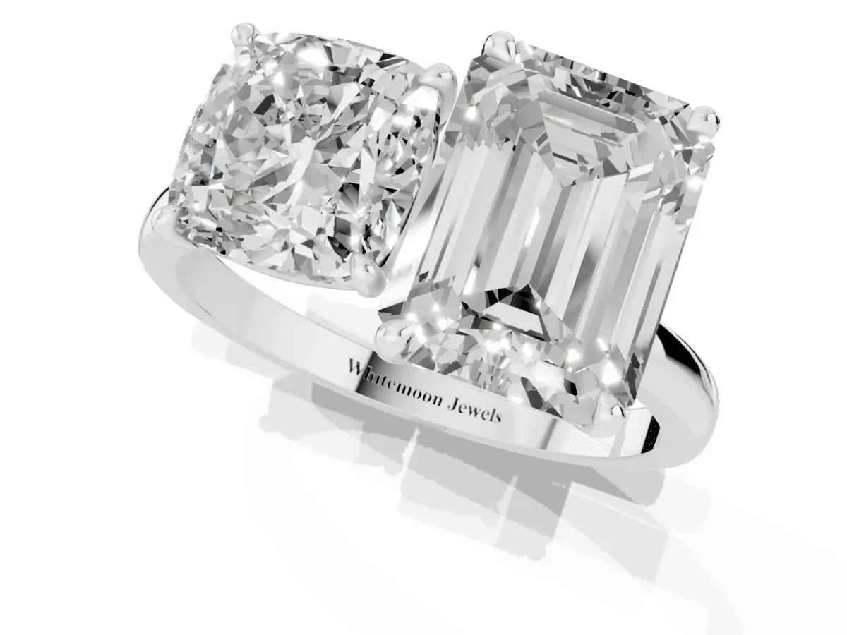 Cushion Cut and Emerald Cut Toi Moi Ring with Prong Setting Silver