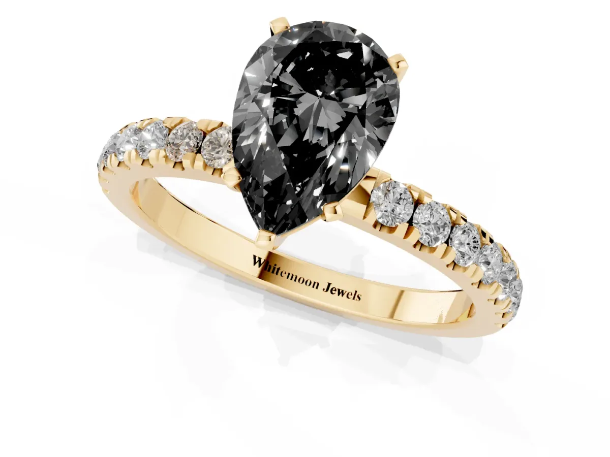 Fancy Black Pear Cut Diamond Solitaire Ring with Pavé Accents and Four-Prong Setting Yellow gold