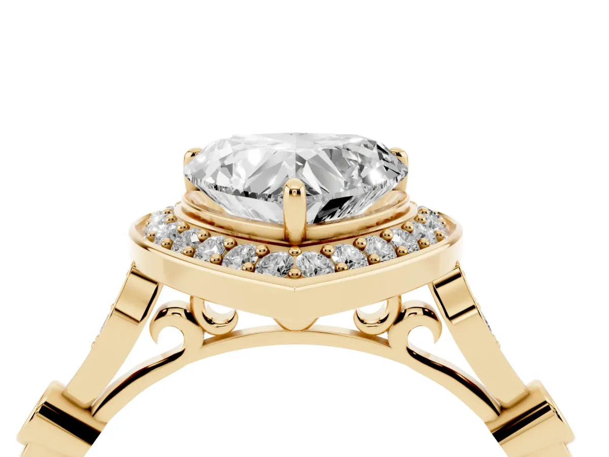 Heart Cut Halo Diamond Engagement Ring with Twisted Band and Four-Prong Setting Yellow gold