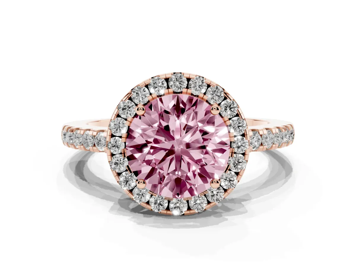 Fancy Pink Round Cut Halo Diamond Engagement Ring with Pavé Band and Four-Prong Setting Rose gold