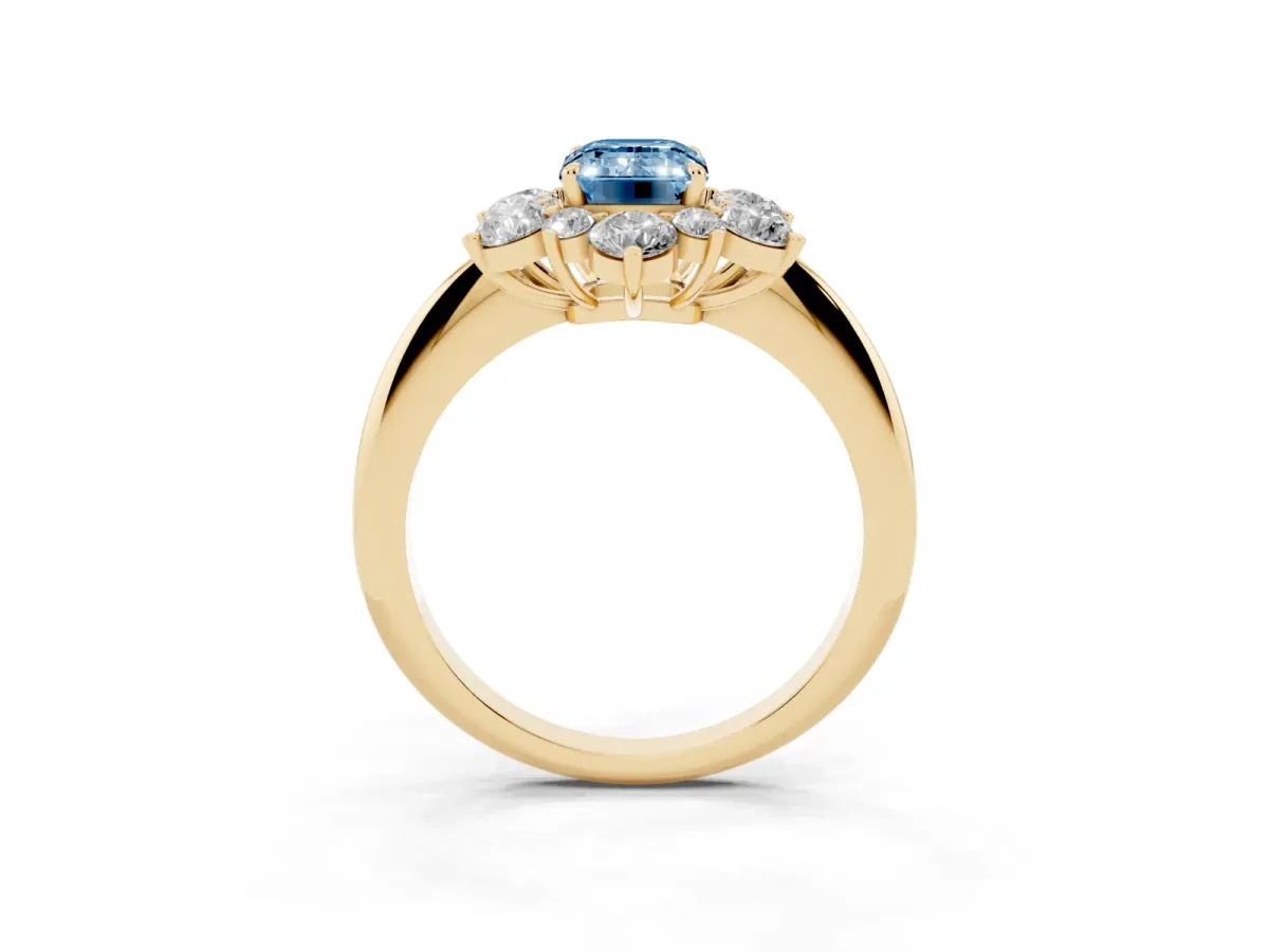 Fancy Blue Emerald Cut Diamond Cluster Halo Ring with Solitaire Band and Four-Prong Setting Yellow gold