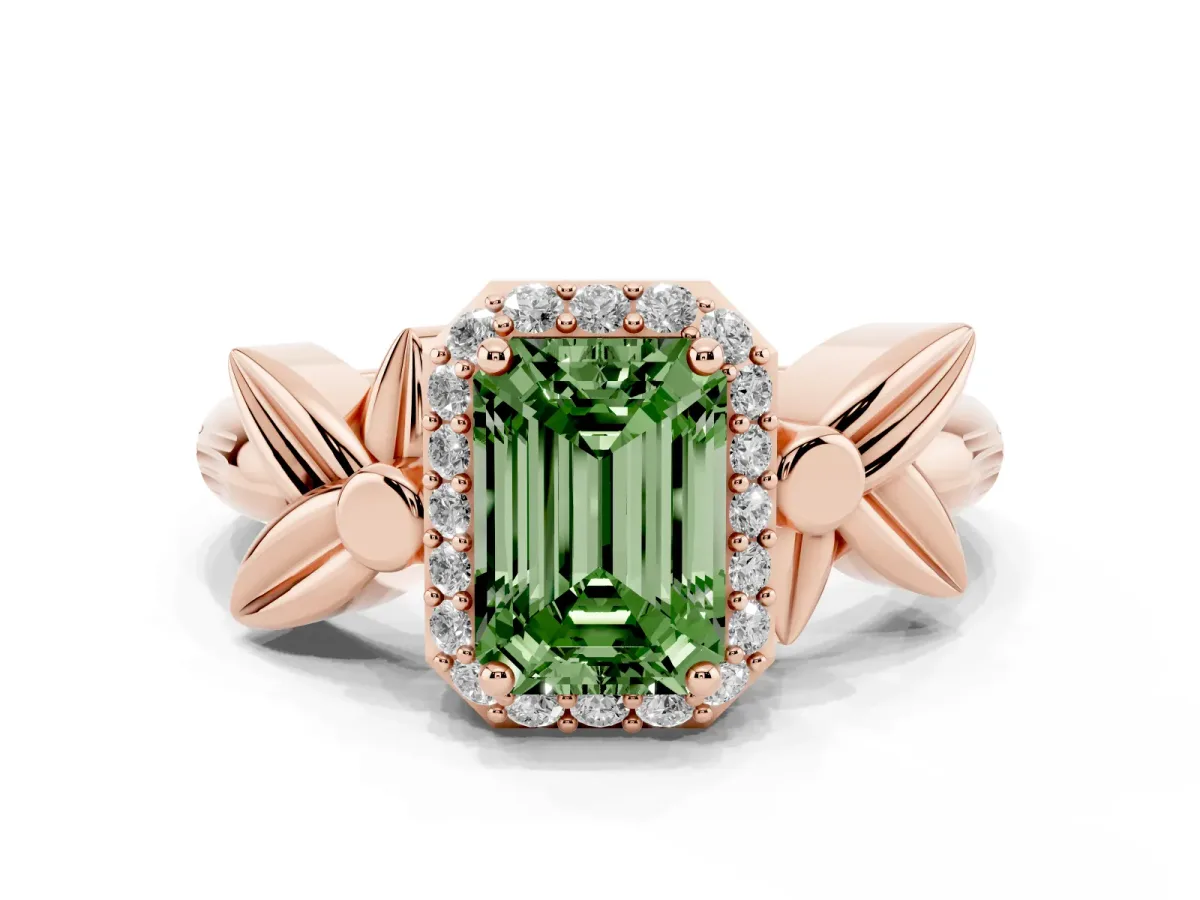 Fancy Green Emerald Cut Halo Diamond Floral Band with Four-Prong Setting Rose gold