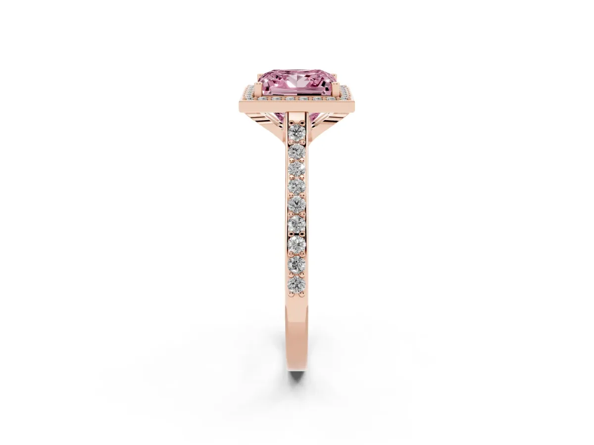 Fancy Pink Princess Cut Diamond Halo Engagement Ring with Round Pavé Shoulders and Prong Setting Rose gold