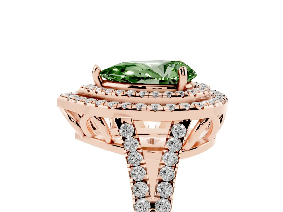 Fancy Green Pear Cut Diamond Double Halo Ring with Pavé Band and Prong Setting Rose gold