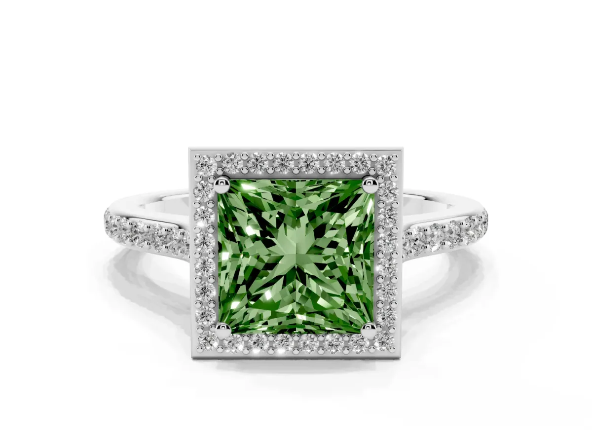 Fancy Green Princess Cut Diamond Halo Engagement Ring with Round Pavé Shoulders and Prong Setting Silver