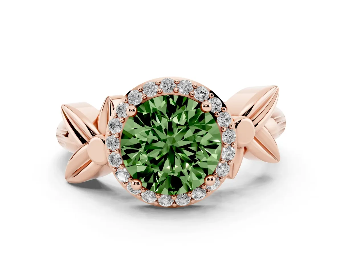 Fancy Green Round Cut Halo Diamond Floral Band with Four-Prong Setting Rose gold