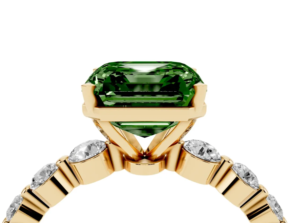 Fancy Green Asscher Cut Solitaire Diamond Ring with Pave Band and Four-Prong Setting Yellow gold
