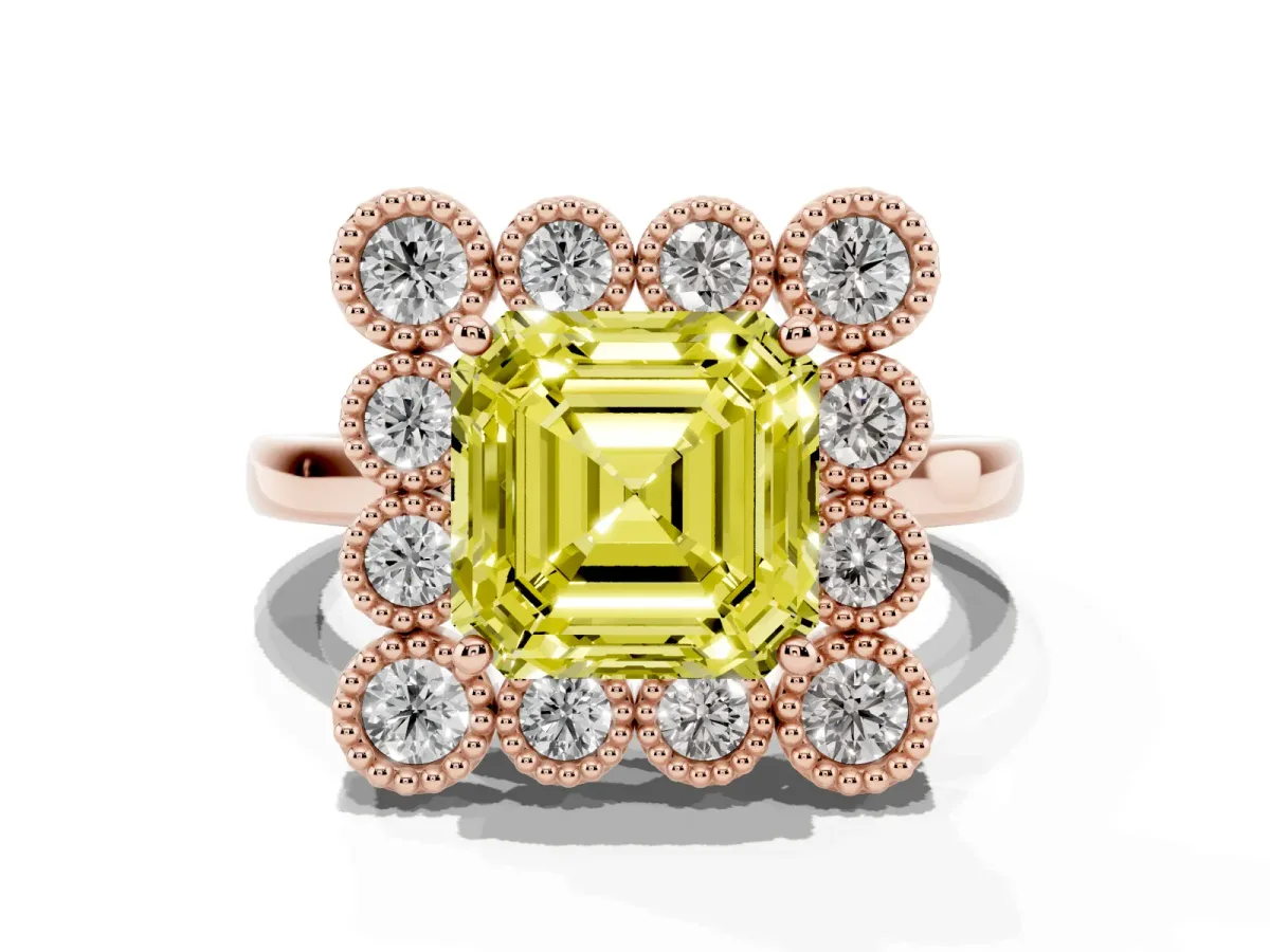 Fancy Yellow Asscher Cut Halo Diamond Cluster Engagement Ring with Milgrain Bezel Setting and Solitaire Band Rose gold