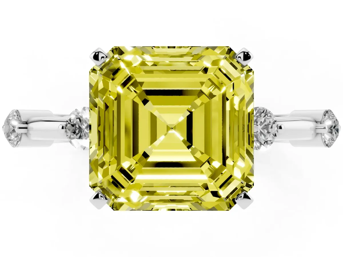 Fancy Yellow Asscher Cut Solitaire Diamond Ring with Bezel Set Side Stones and Prong Setting Silver
