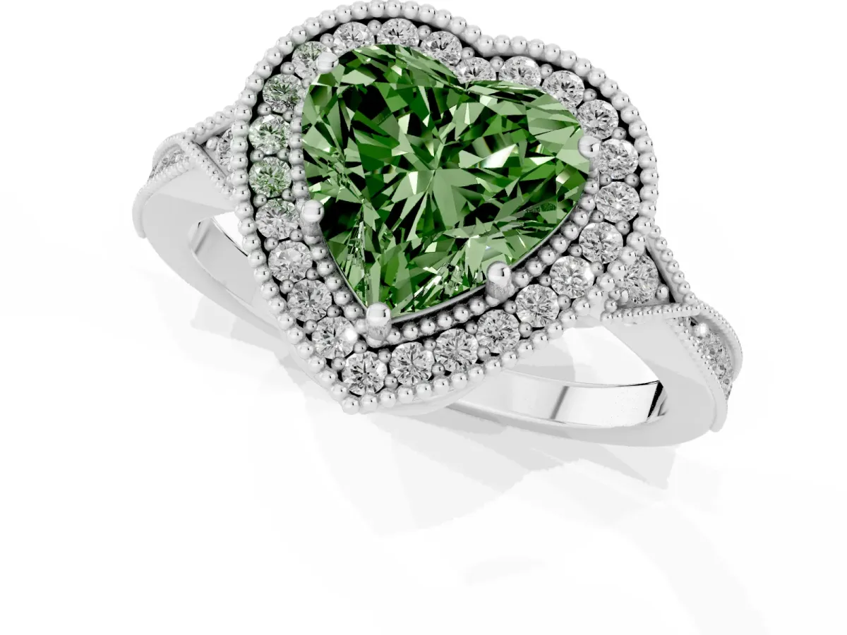 Fancy Green Heart Cut Halo Round Diamond Milgrain Pave Engagement Ring Platinum