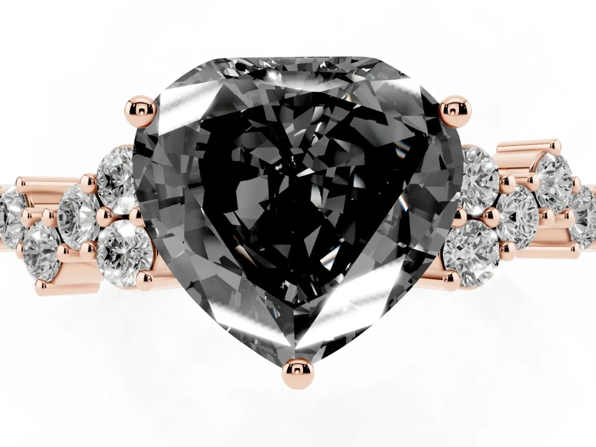 Fancy Black Heart Cut Diamond Scattered Round Accent Ring with Prong Setting Rose gold