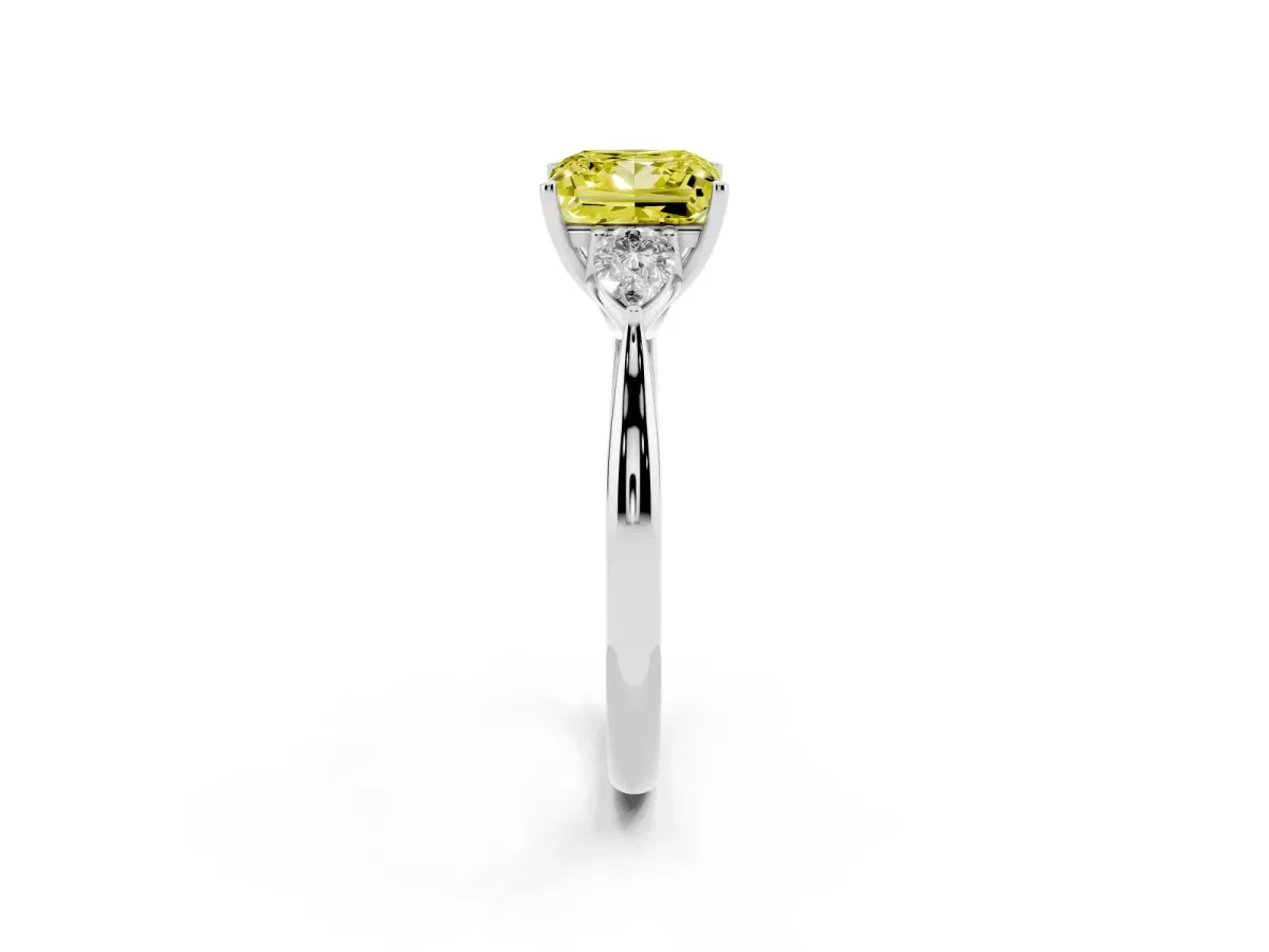 Fancy Yellow Three-Stone Princess Cut Diamond Ring with Pear Side Stones in Four-Prong Setting Silver