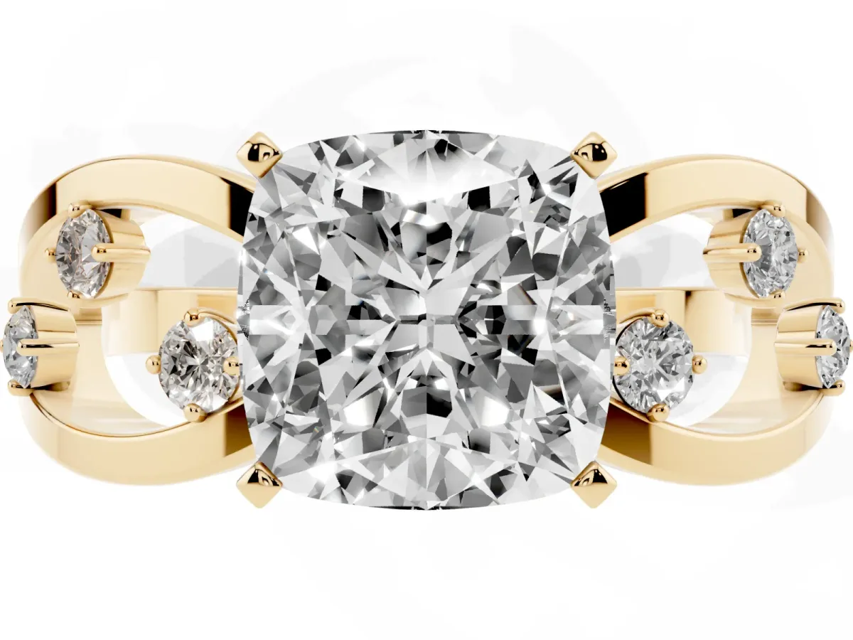 Cushion Cut Cut Solitaire Diamond with Side Stones on Criss-Cross Band and Four-Prong Setting Yellow gold