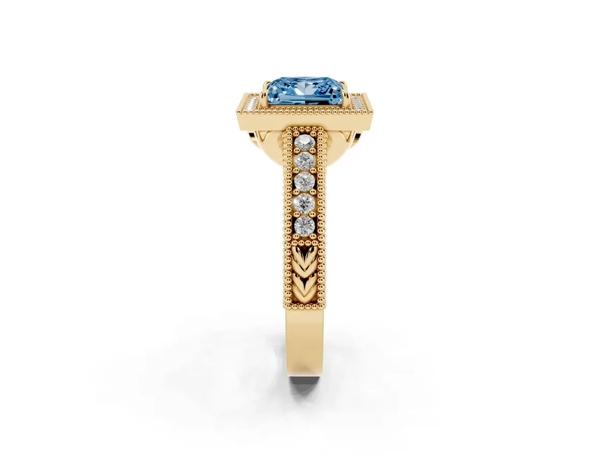 Fancy Blue Princess Cut Cut Halo Diamond Ring with Pavé Band and Four-Prong Setting Yellow gold