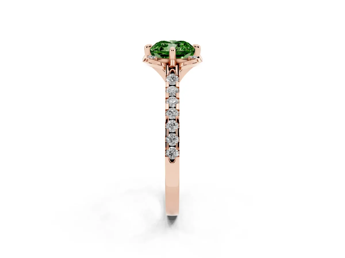 Fancy Green Cushion Cut Diamond Ring with Pavé Band and Floral Prong Setting Rose gold