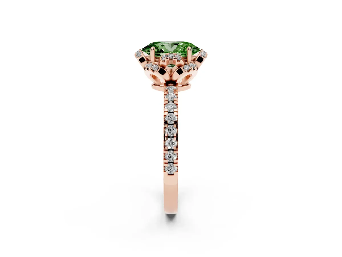 Fancy Green Oval Cut Diamond Halo Pave Band with Four-Prong Setting Rose gold