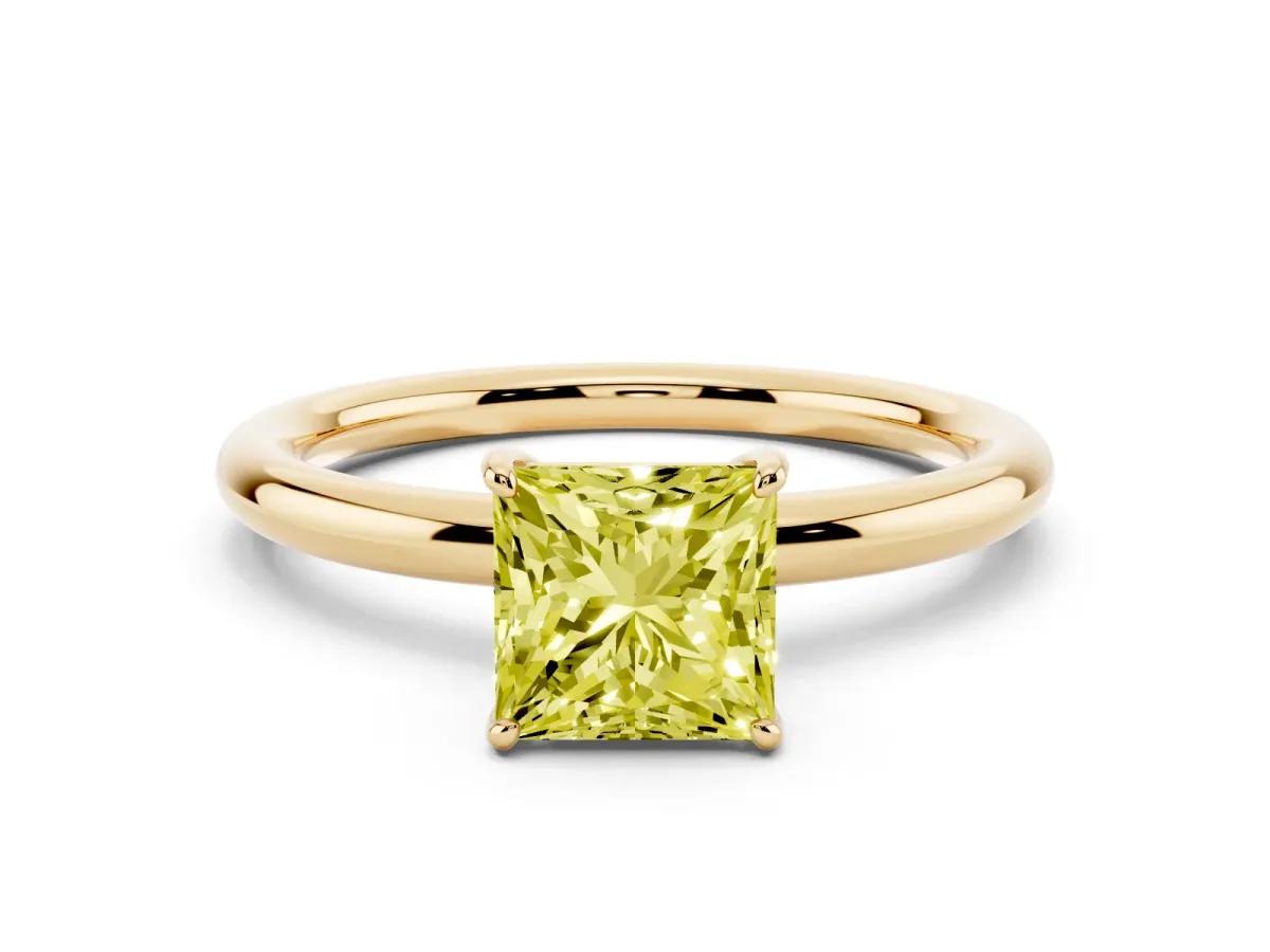 Fancy Yellow Princess Cut Solitaire Diamond Ring with Four-Prong Setting on a Plain Band Yellow gold