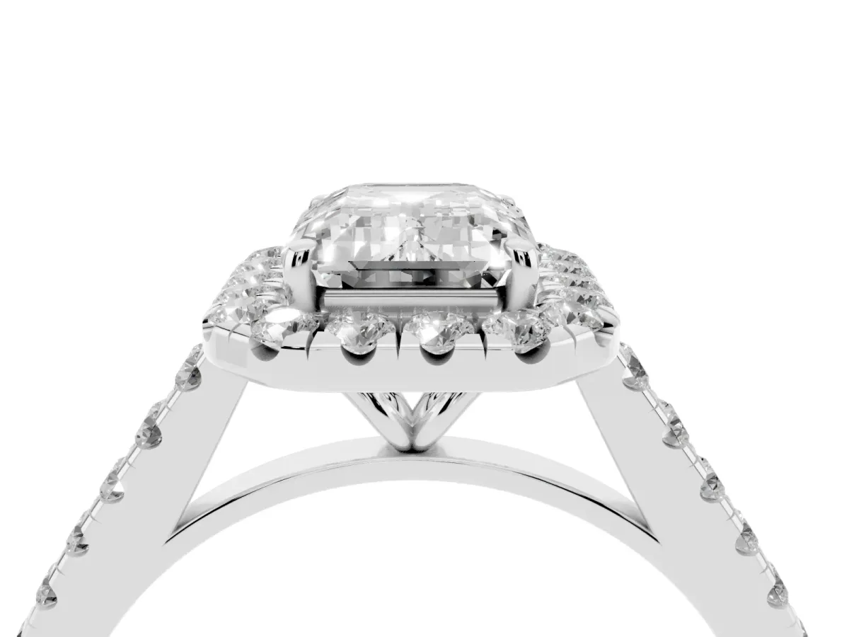 Emerald Cut Halo Pave Diamond Engagement Ring with Four-Prong Setting Platinum