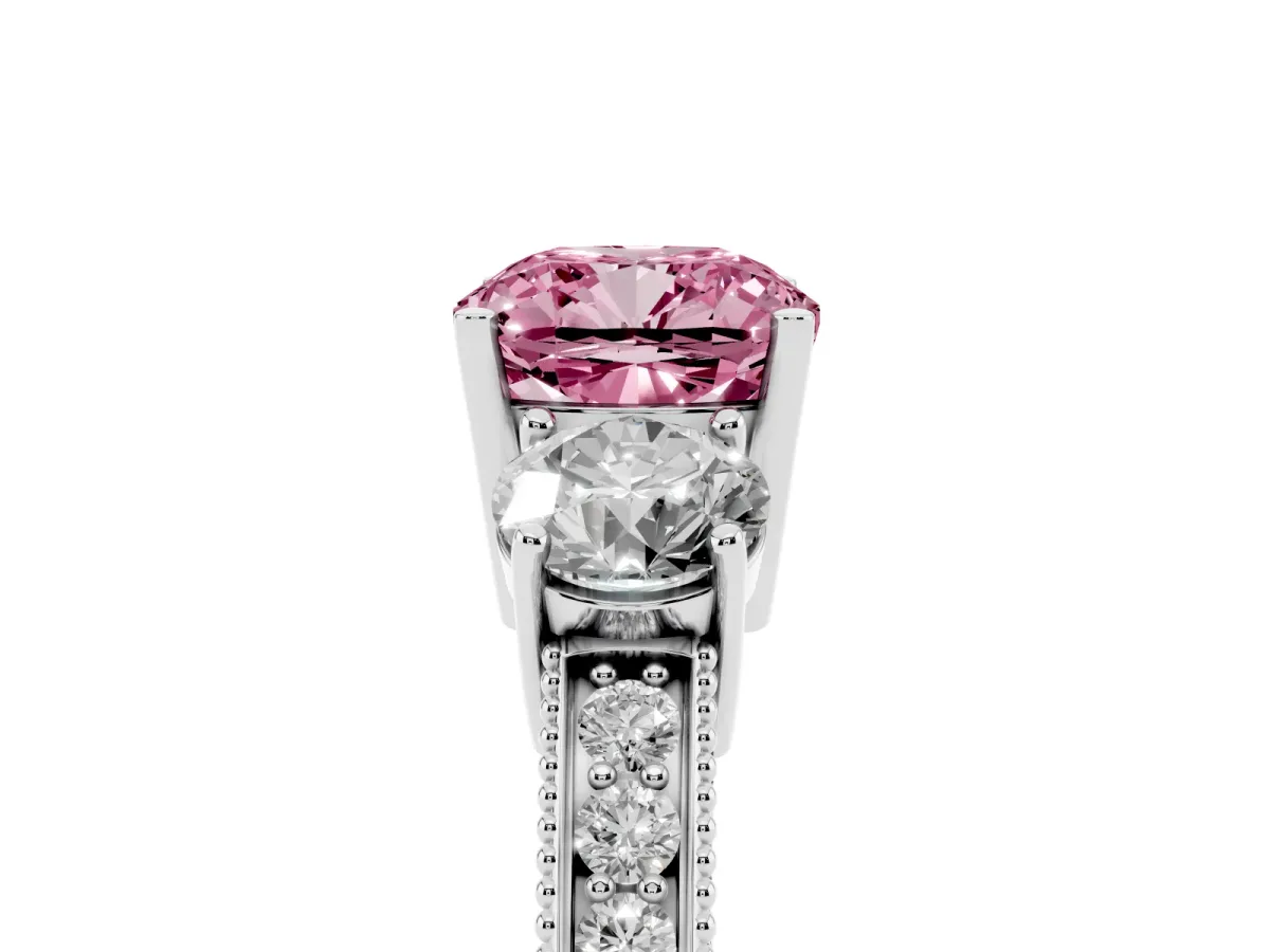 Fancy Pink Cushion Cut Three-Stone Diamond Ring with Pavé Band and Four-Prong Setting Silver