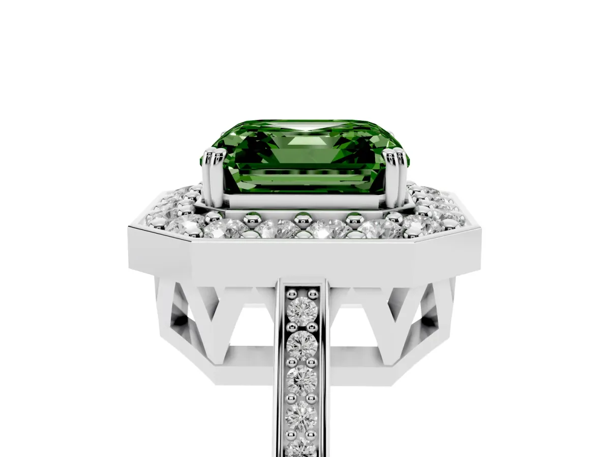 Fancy Green Asscher Cut Diamond Halo Ring with Split Shank and Four-Prong Setting Silver