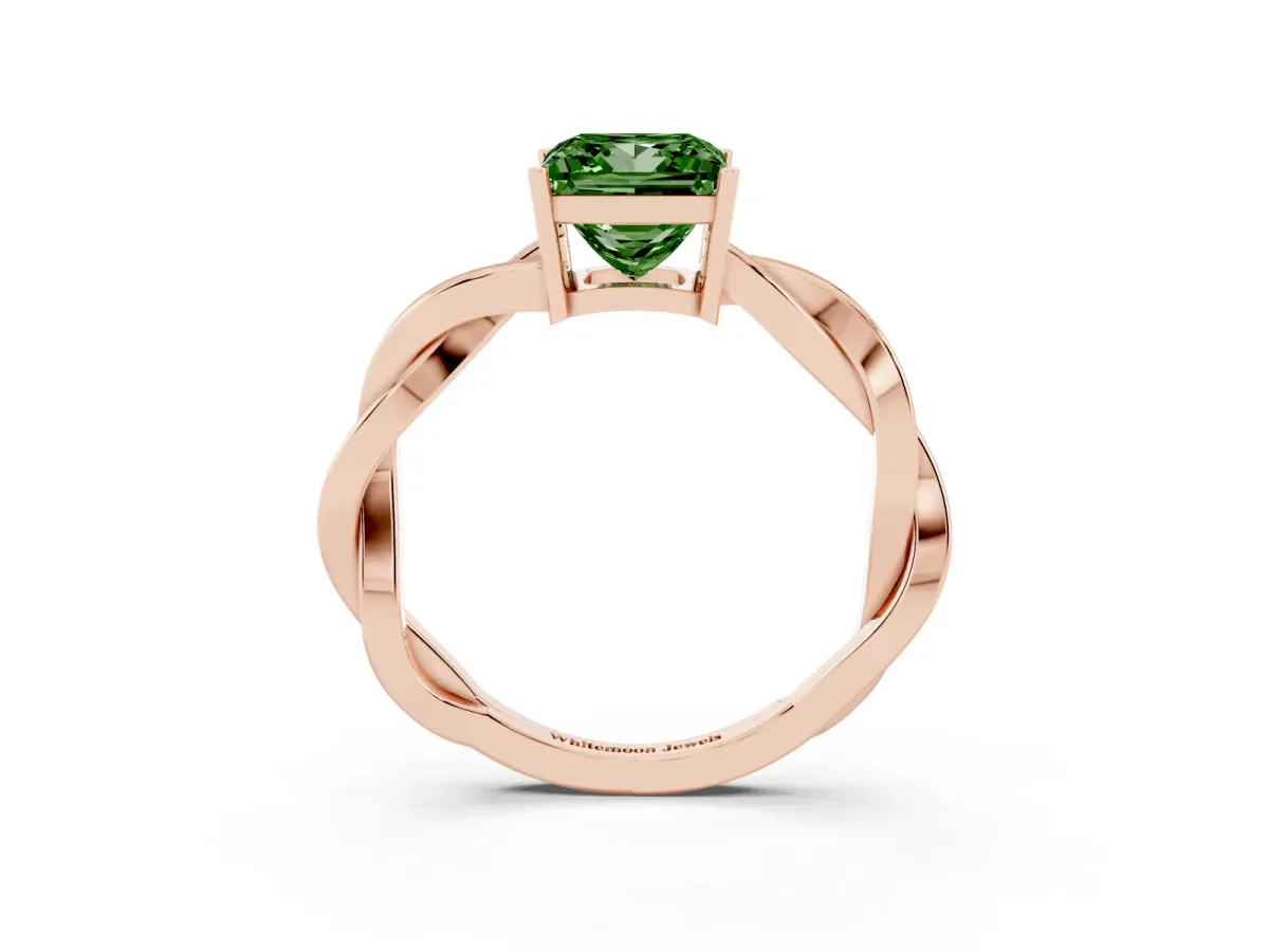 Fancy Green Princess Cut Solitaire Twisted Pave Diamond Ring with Four-Prong Setting Rose gold