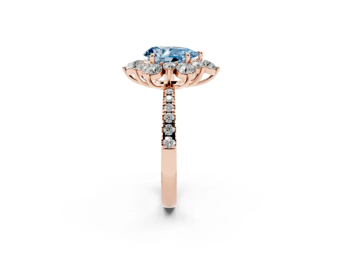 Fancy Blue Pear Cut Diamond Floral Halo Ring with Round Pavé Band and Prong Setting Rose gold
