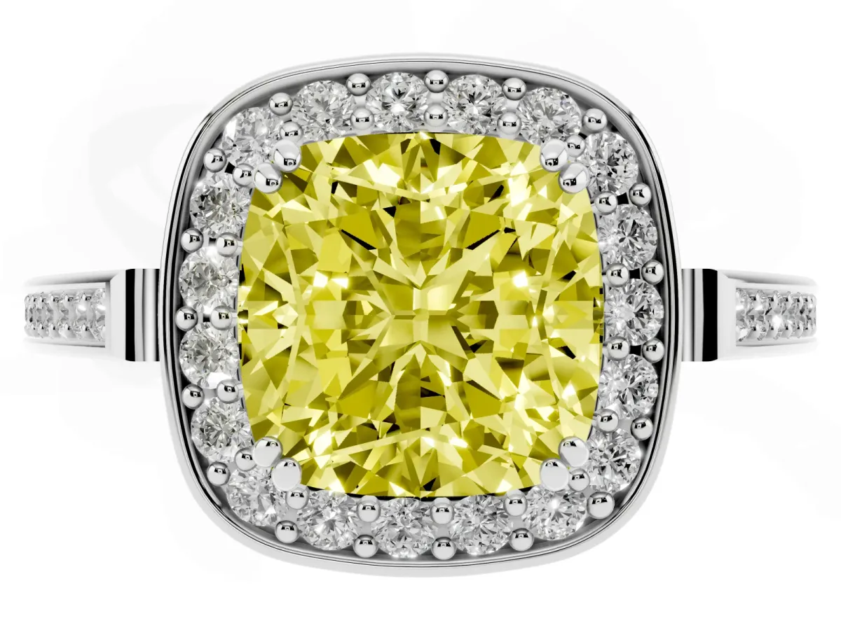 Fancy Yellow Cushion Cut Diamond Halo Ring with Split Shank and Four-Prong Setting Platinum
