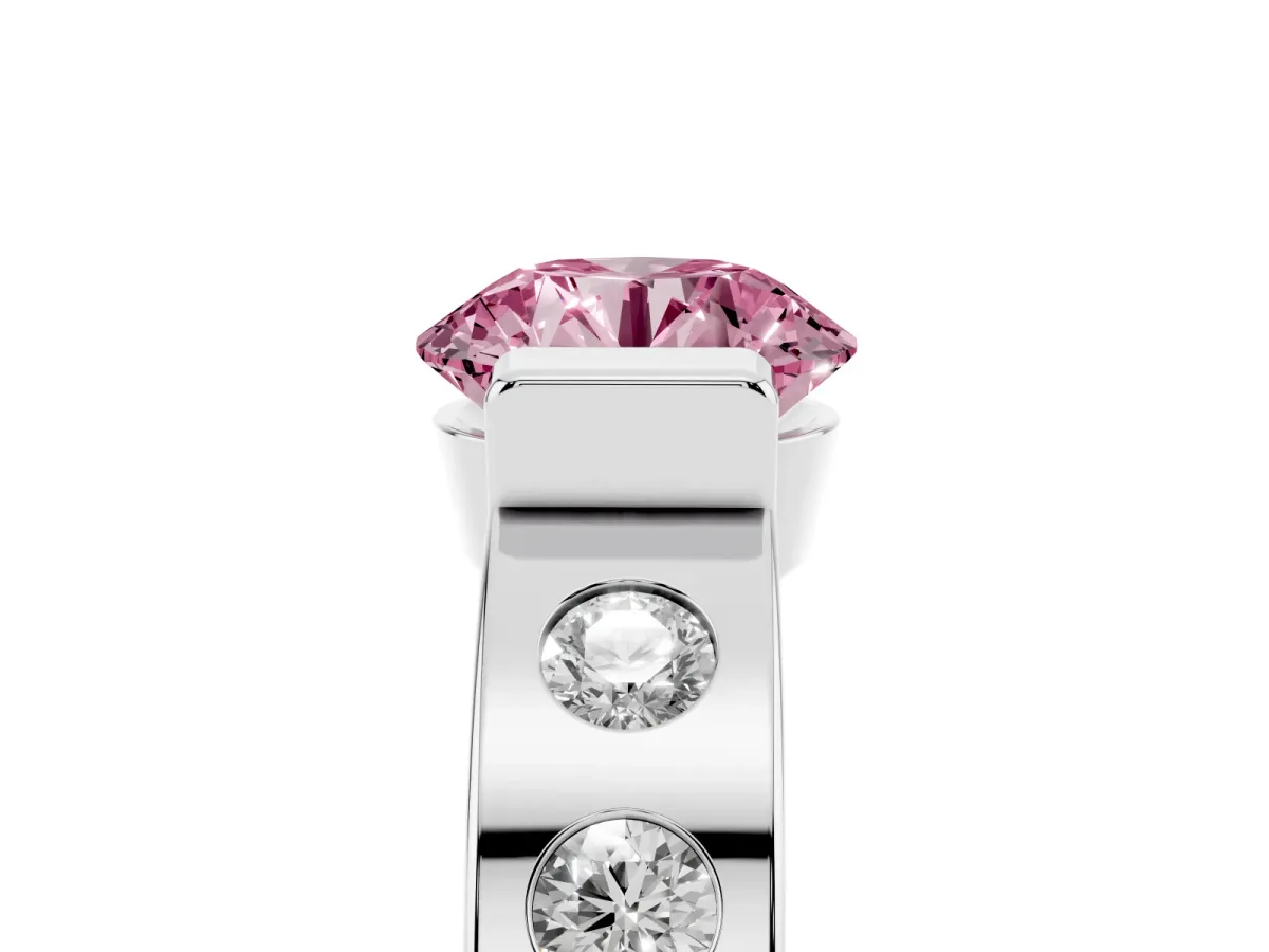 Fancy Pink Round Cut Brilliant Channel-Set Diamond Ring with Bezel Prong Setting Silver