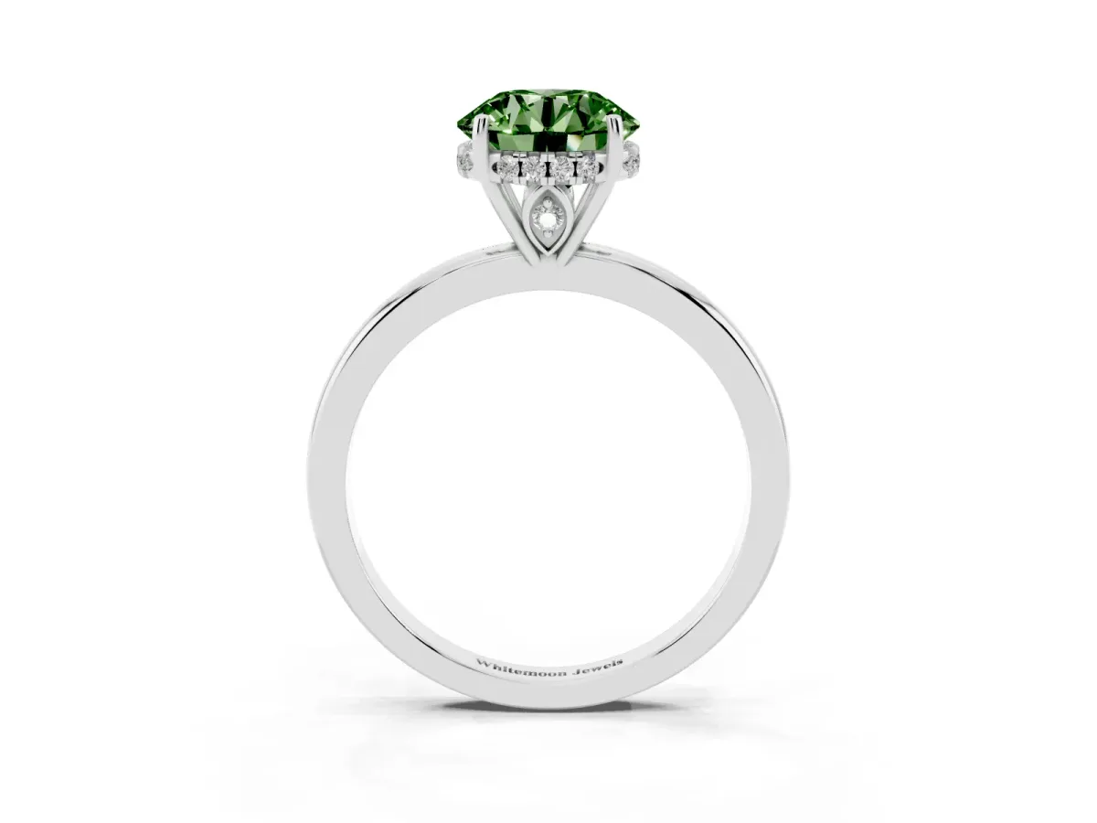 Fancy Green Round Cut Solitaire Diamond Ring with Prong Setting and Plain Band Silver