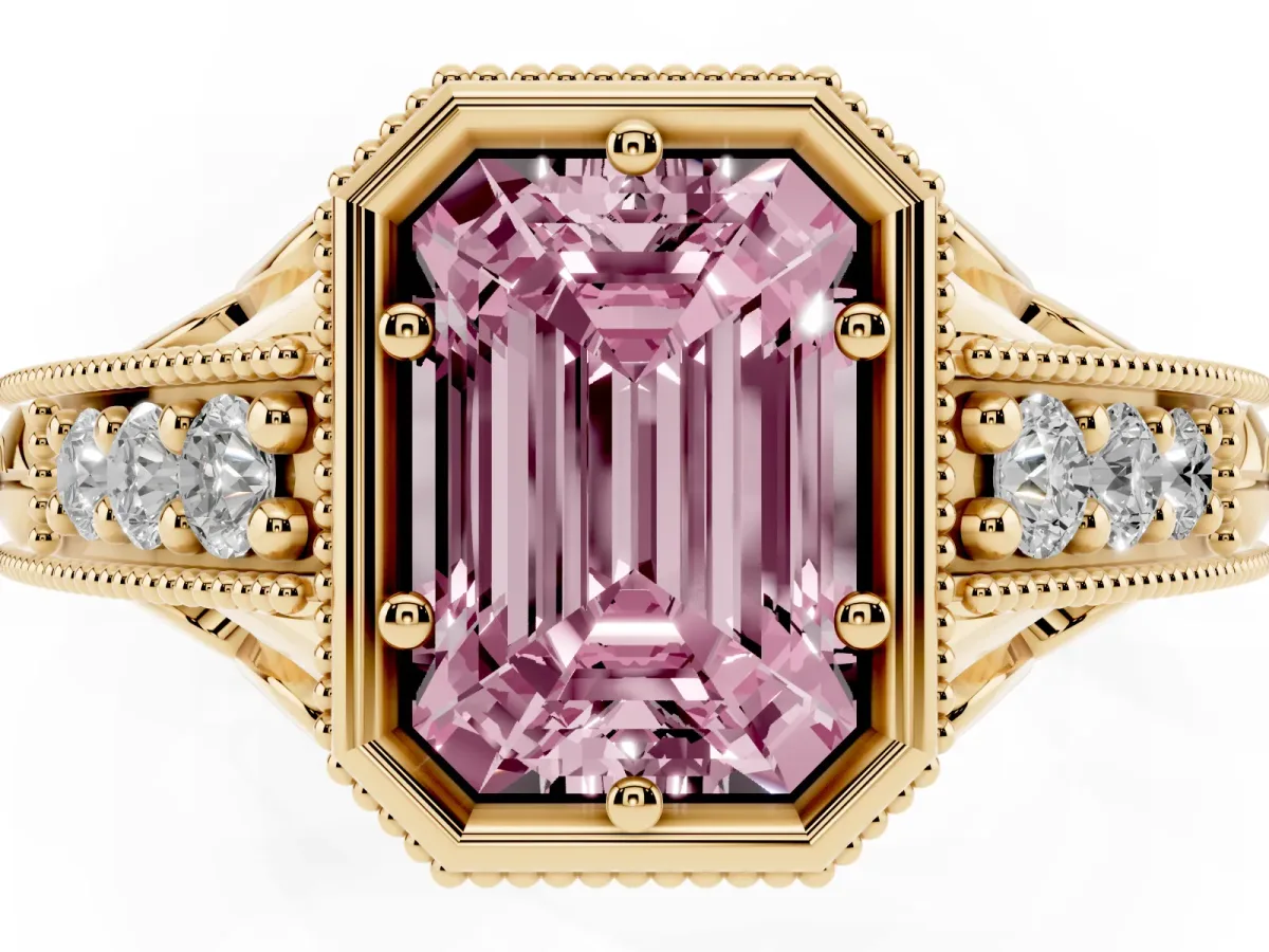 Fancy Pink Bezel Set Emerald Cut Diamond Milgrain Pave Engagement Ring Yellow gold