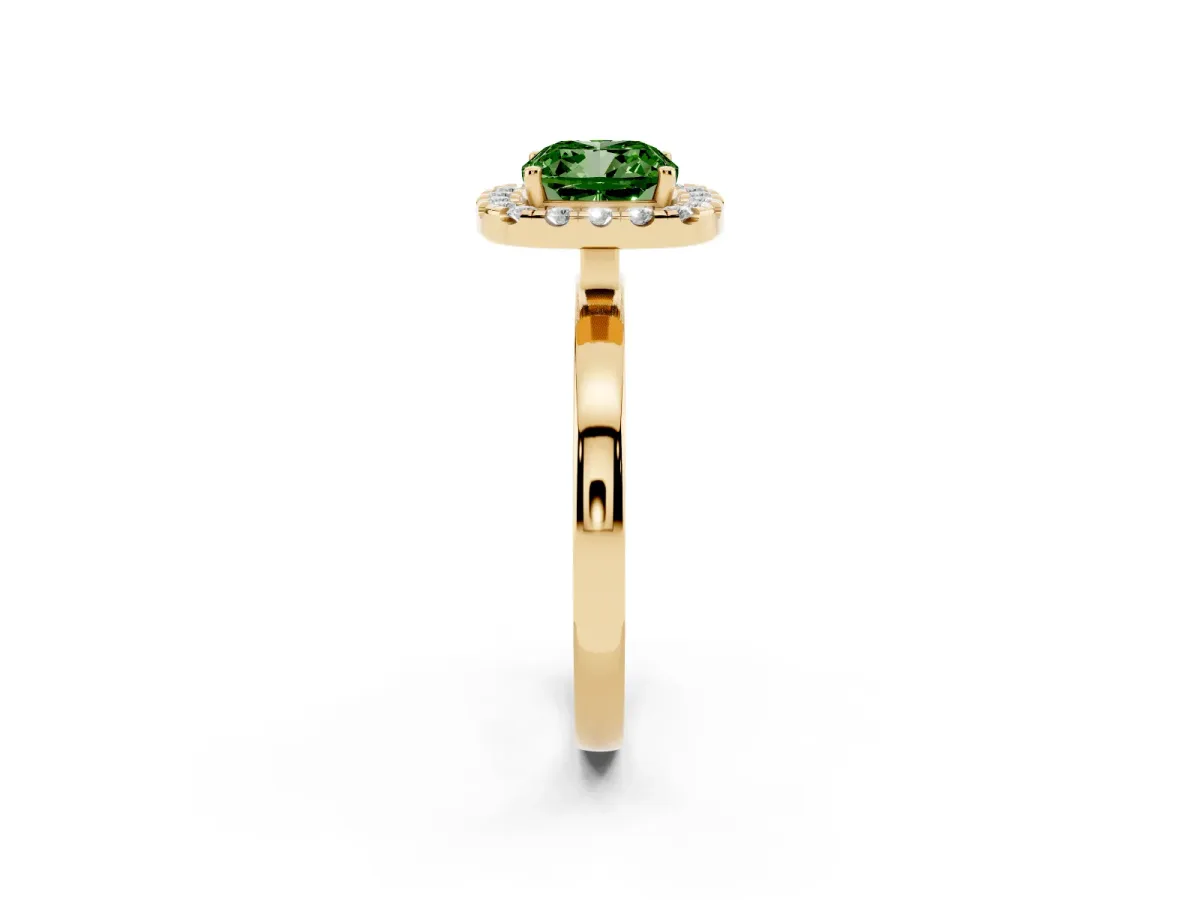 Fancy Green Cushion Cut Halo Diamond Solitaire with Pavé Band and Four-Prong Setting Yellow gold
