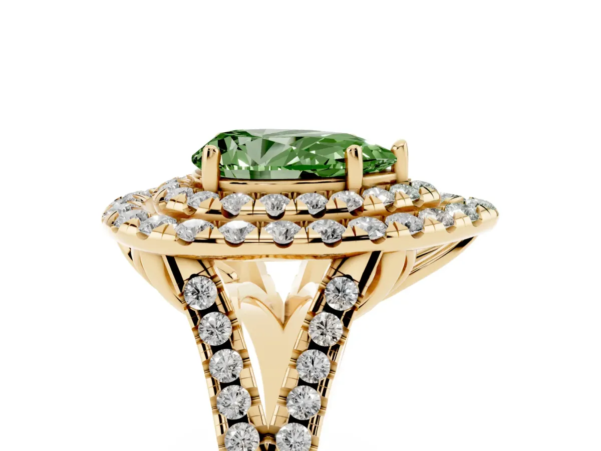 Fancy Green Double Halo Pear Cut Diamond Pavé Split Shank Ring with Prong Setting Yellow gold