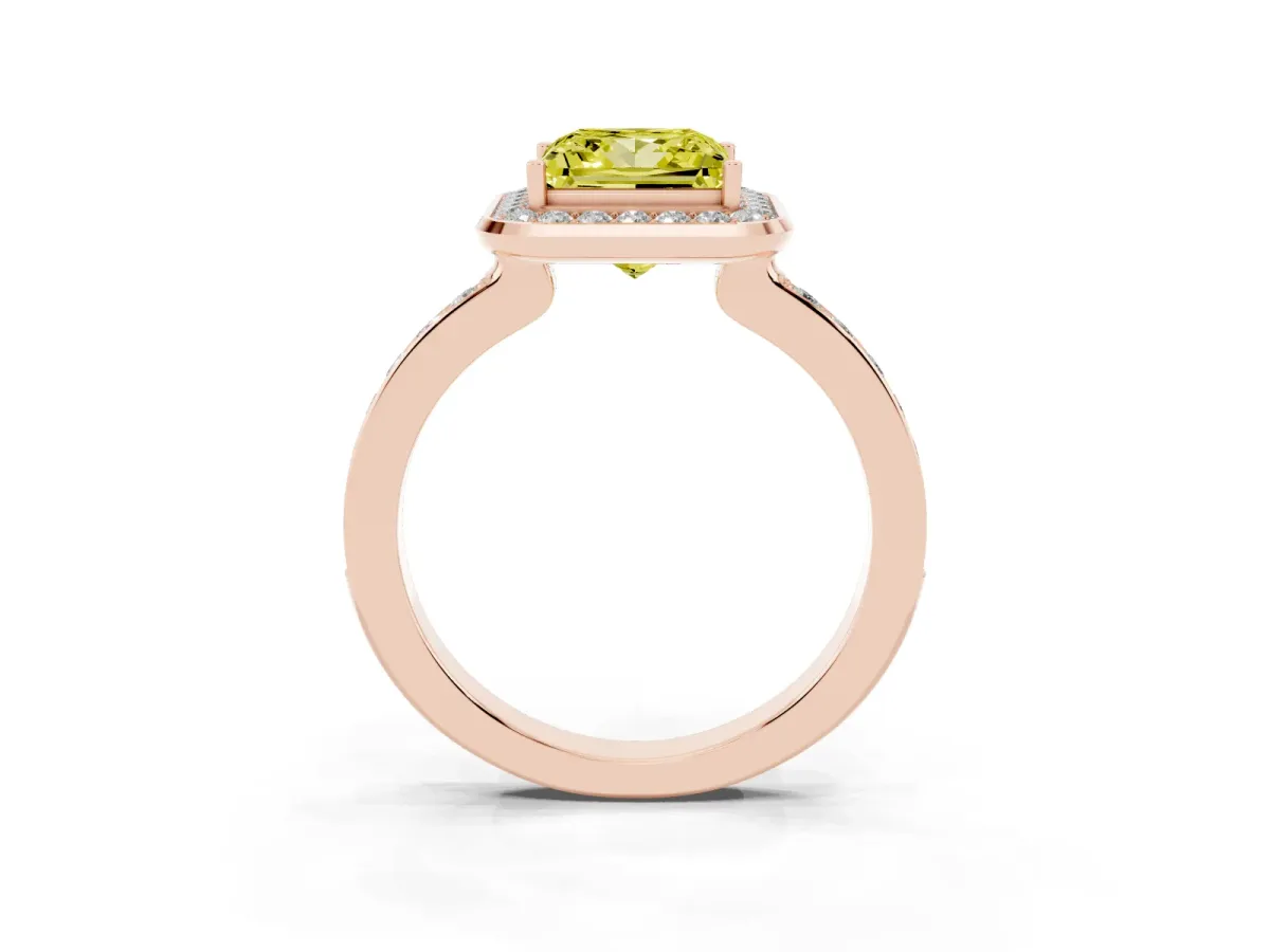 Fancy Yellow Princess Cut Diamond Halo Ring with Bezel Frame and Pavé Band Rose gold