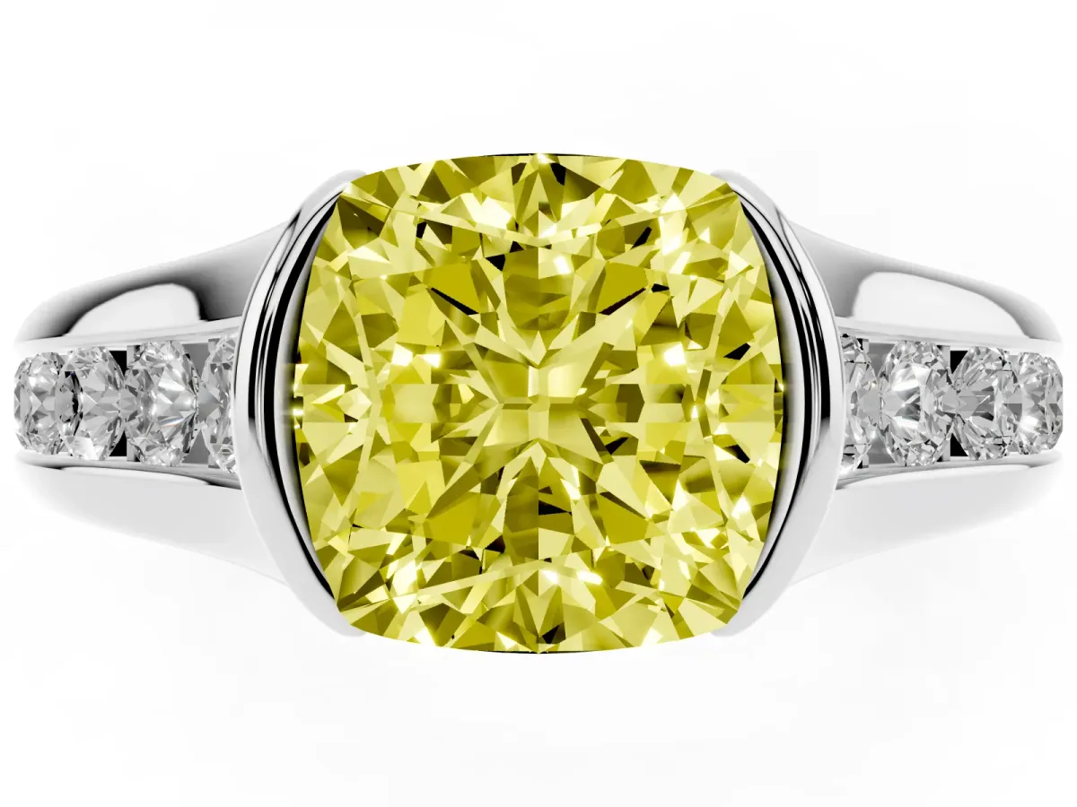 Fancy Yellow Cushion Cut Solitaire Bezel-Set Diamond Ring with Channel-Set Band Silver