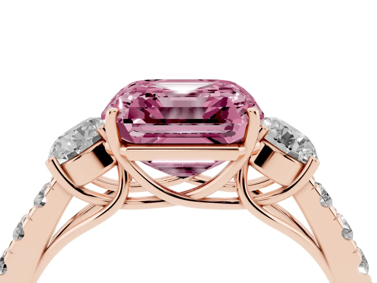 Fancy Pink Asscher Cut Cut Diamond Three-Stone Ring with Round Side Stones and Pavé Band Rose gold