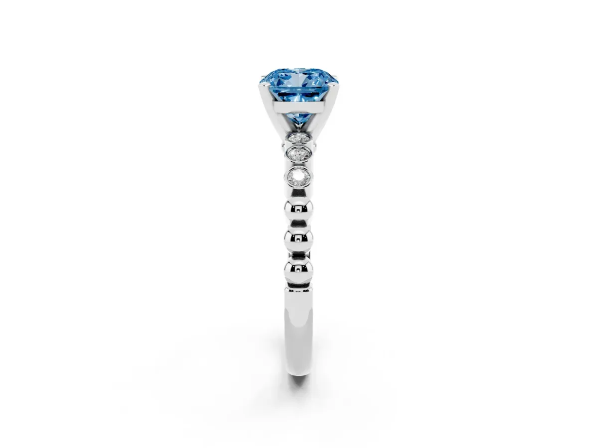 Fancy Blue Cushion Cut Solitaire Bezel Accent Diamond Engagement Ring with Beaded Band and Four-Prong Setting Silver