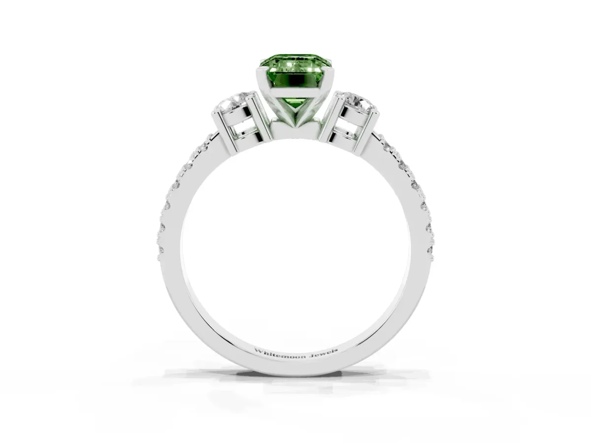 Fancy Green Emerald Cut Three-Stone Diamond Pavé Band with Prong Setting Platinum