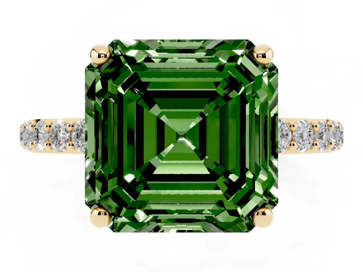 Fancy Green Asscher Cut Diamond Solitaire Ring with Round Pavé Band and Prong Setting Yellow gold