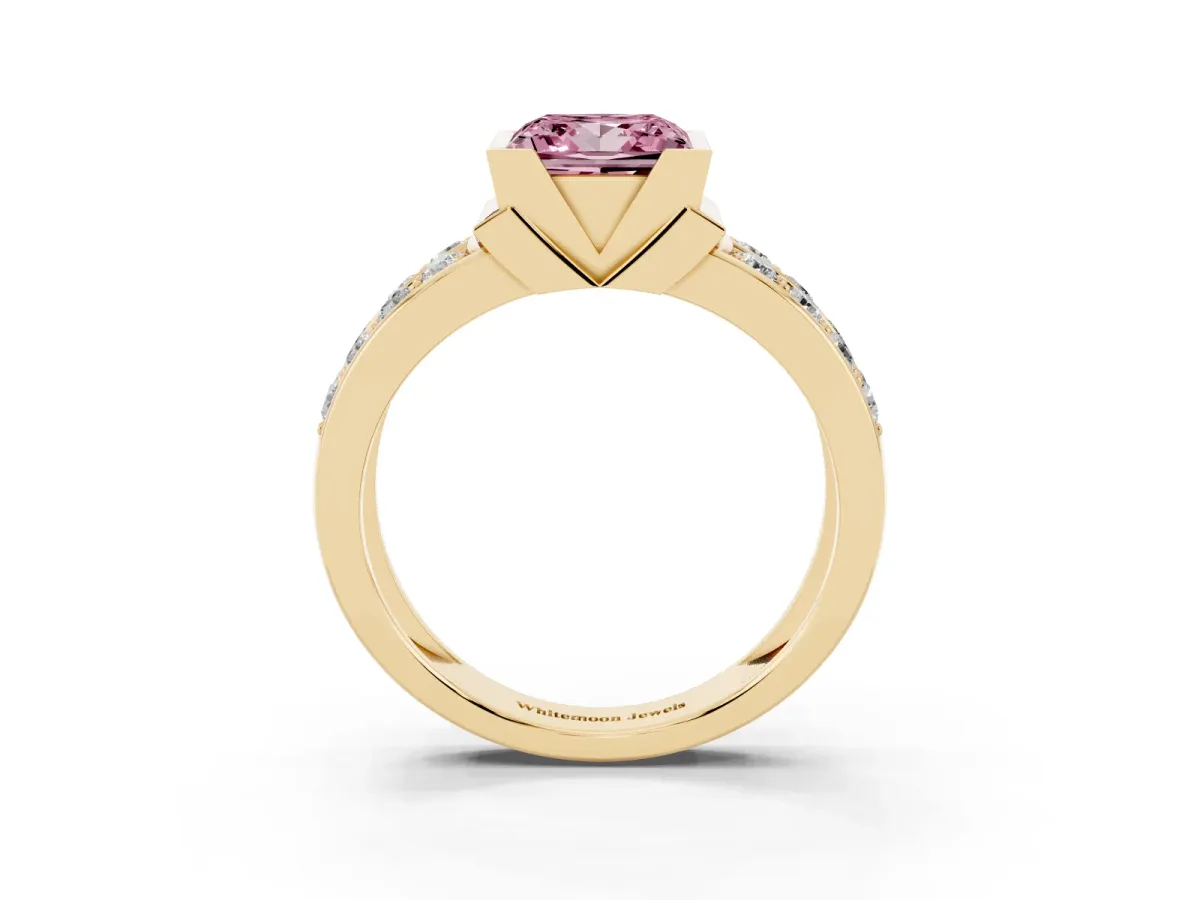 Fancy Pink Princess Cut Brilliant Diamond Channel Set Wide Band Ring with Bezel Setting Yellow gold