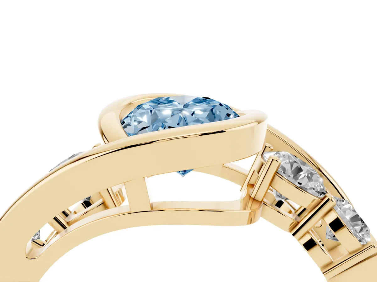 Fancy Blue Bezel Set Oval Cut Diamond Bypass Ring with Round Accents Yellow gold