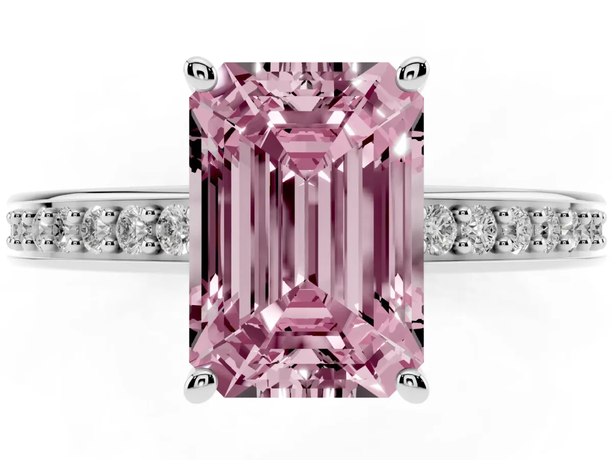 Fancy Pink Emerald Cut Solitaire Pavé Band Prong Setting Ring Silver