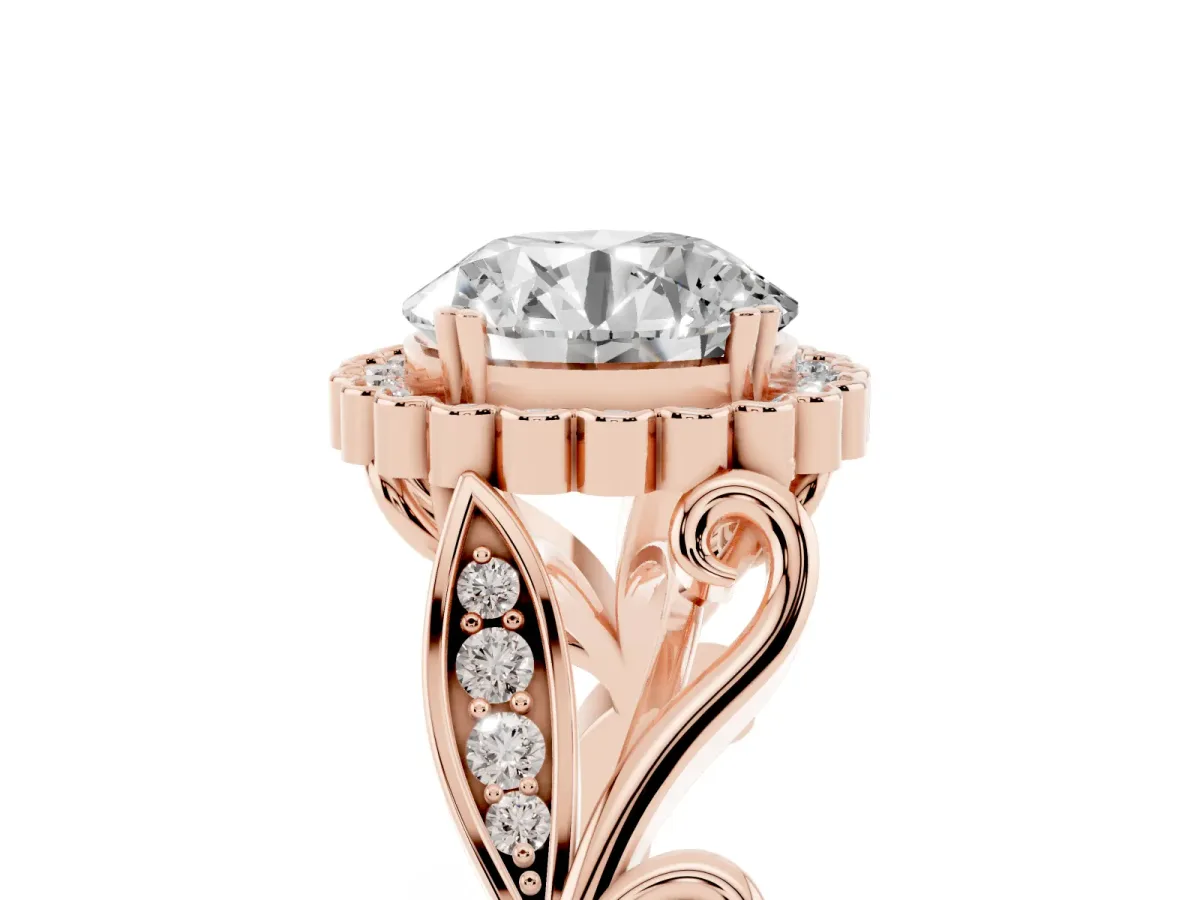 Round Cut Diamond Halo Ring with Vintage Split Shank and Four-Prong Setting Rose gold