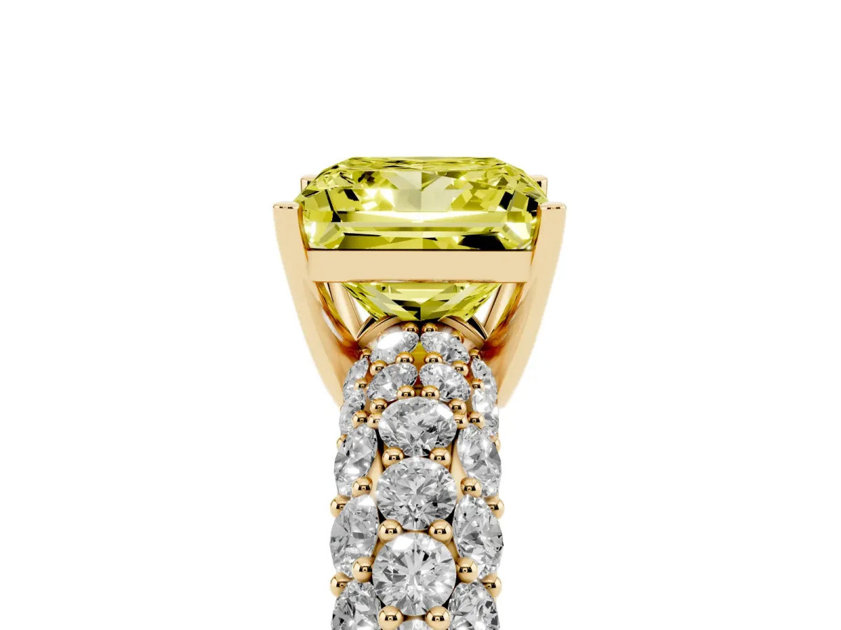 Fancy Yellow Princess Cut Diamond Pavé Band Solitaire Ring with Four-Prong Setting Yellow gold