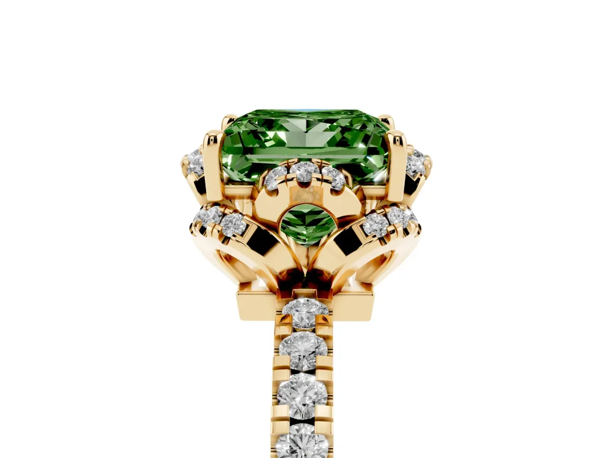 Fancy Green Princess Cut Halo Diamond Pave Band Ring with Four-Prong Setting Yellow gold
