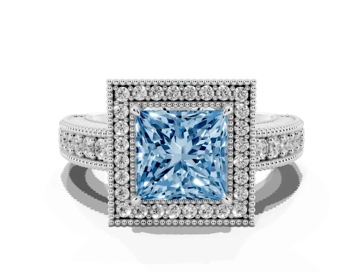 Fancy Blue Princess Cut Cut Halo Diamond Ring with Pavé Band and Four-Prong Setting Platinum