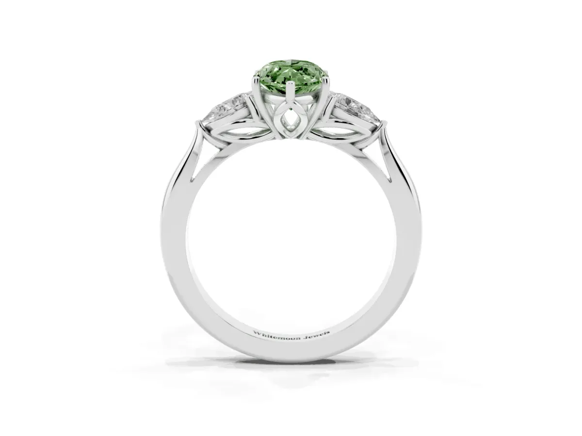 Fancy Green Three-Stone Marquise Cut Brilliant Diamond Solitaire Ring with Tapered Band and Four-Prong Setting Silver