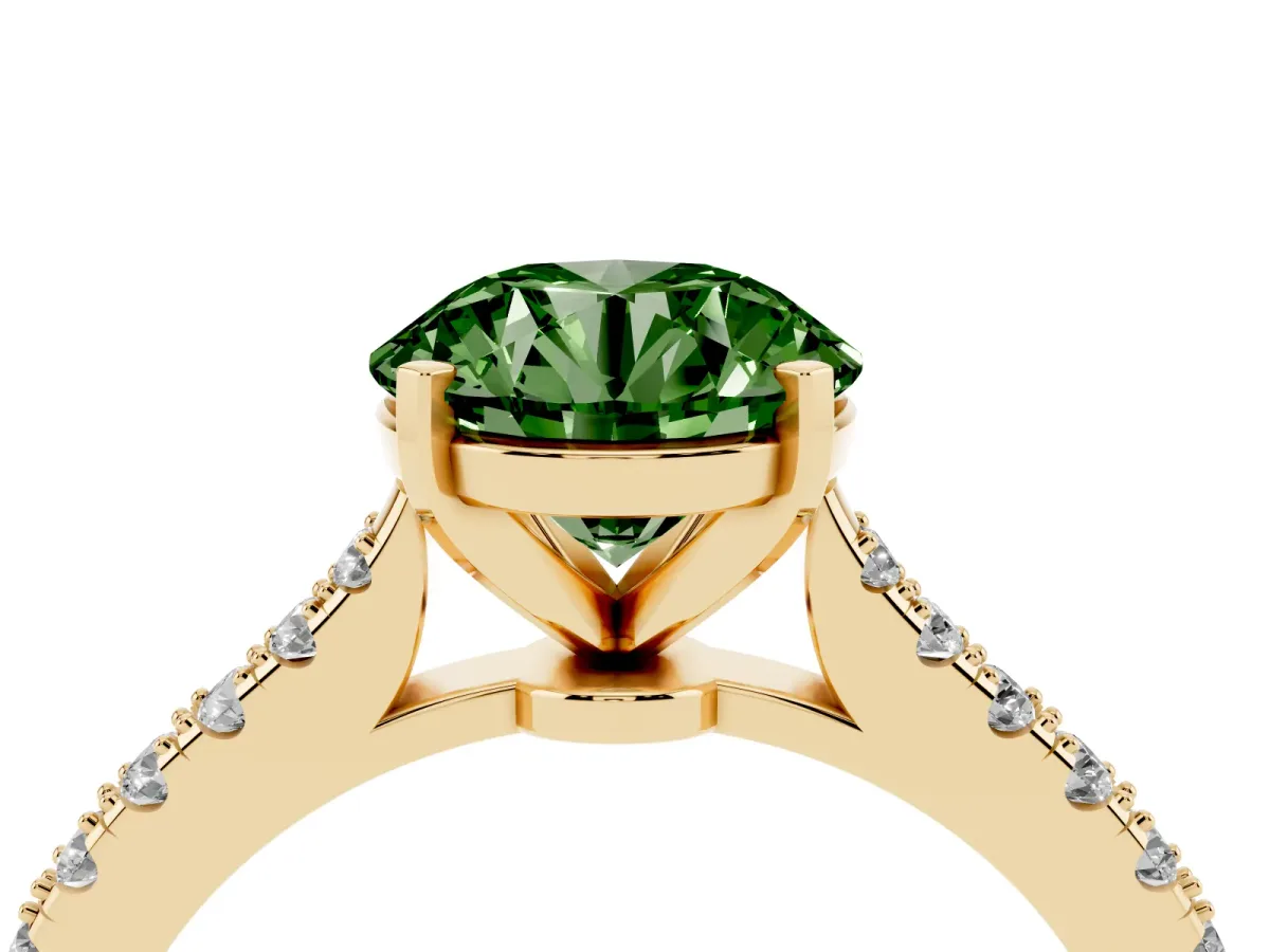 Fancy Green Round Cut Cut Solitaire Diamond Engagement Ring with Pave Band and Four-Prong Setting Yellow gold
