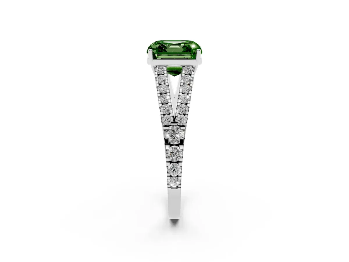 Fancy Green Asscher Cut Diamond Split Shank Pavé Engagement Ring with Four-Prong Setting Platinum