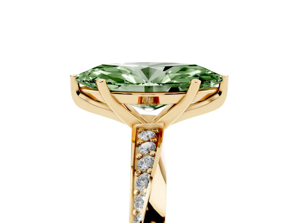 Fancy Green Marquise Cut Diamond Engagement Ring with Side Stone Accents and Four-Prong Setting Yellow gold